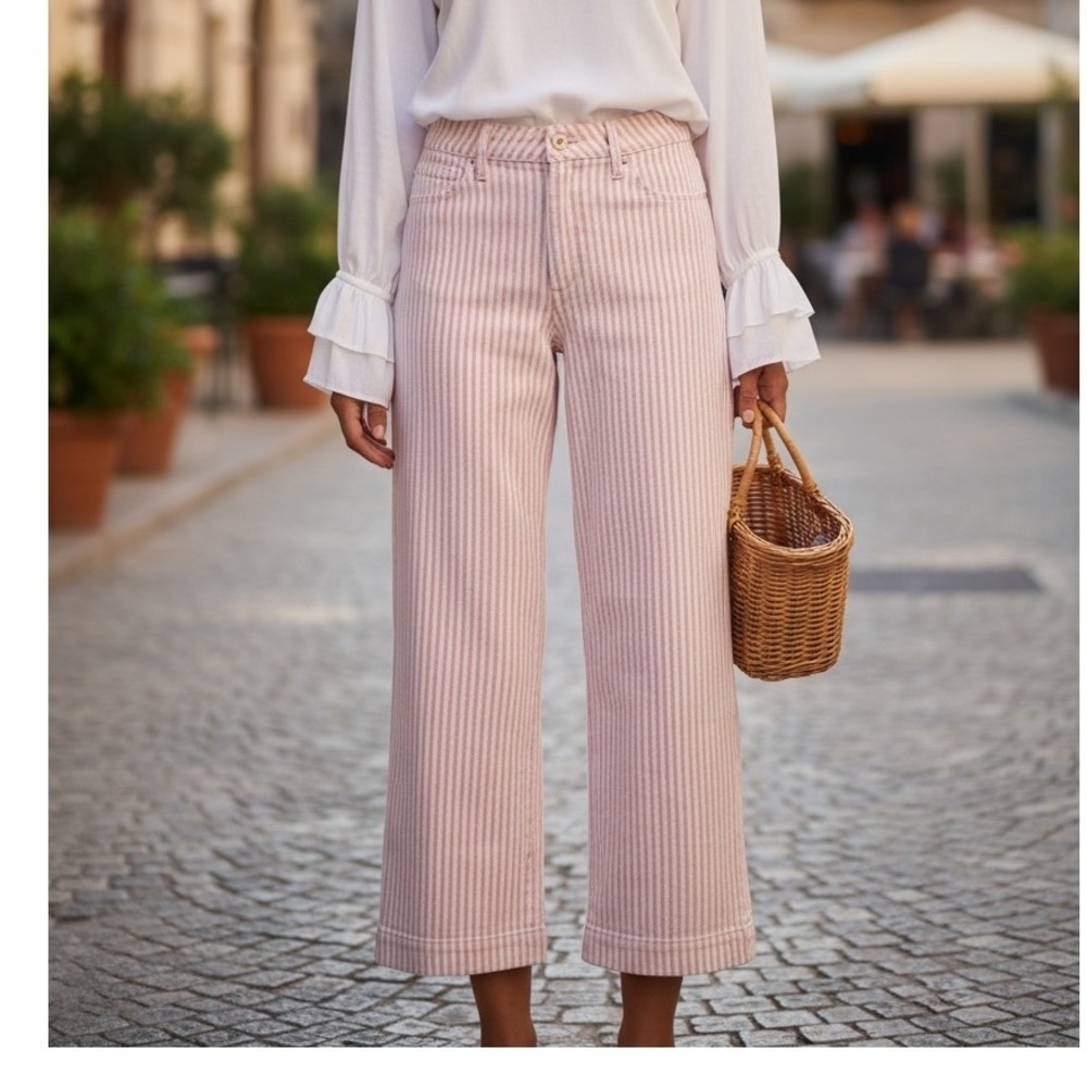 PAIGE Nellie Culotte High Rise Pink White Striped Wide Leg Jeans Size 26